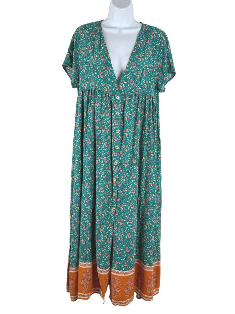 NATURAL LIFE Green Floral Midi Dress with Rust Border